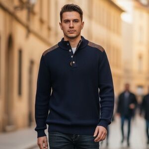 Viyella - Men's Navy Sweater with Brown Accents - Elevated Casual Wear - size M